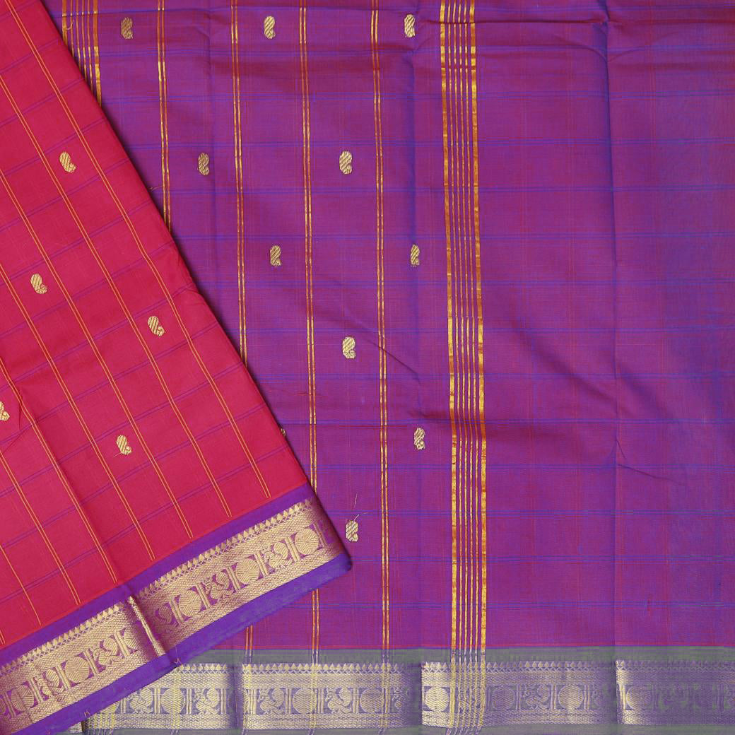 Rani Pink With Purple Contrast Border Checked Pure Cotton Saree