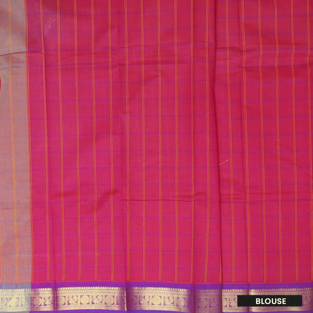 Rani Pink With Purple Contrast Border Checked Pure Cotton Saree