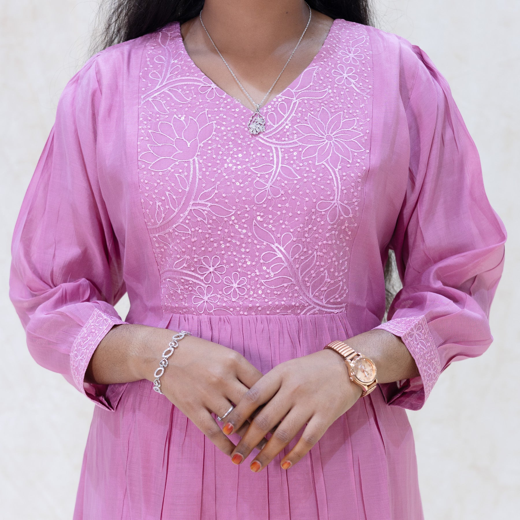 Aarviya-Onion pink With  Floral Design  Ladies Branded Umbrella Top Readymade