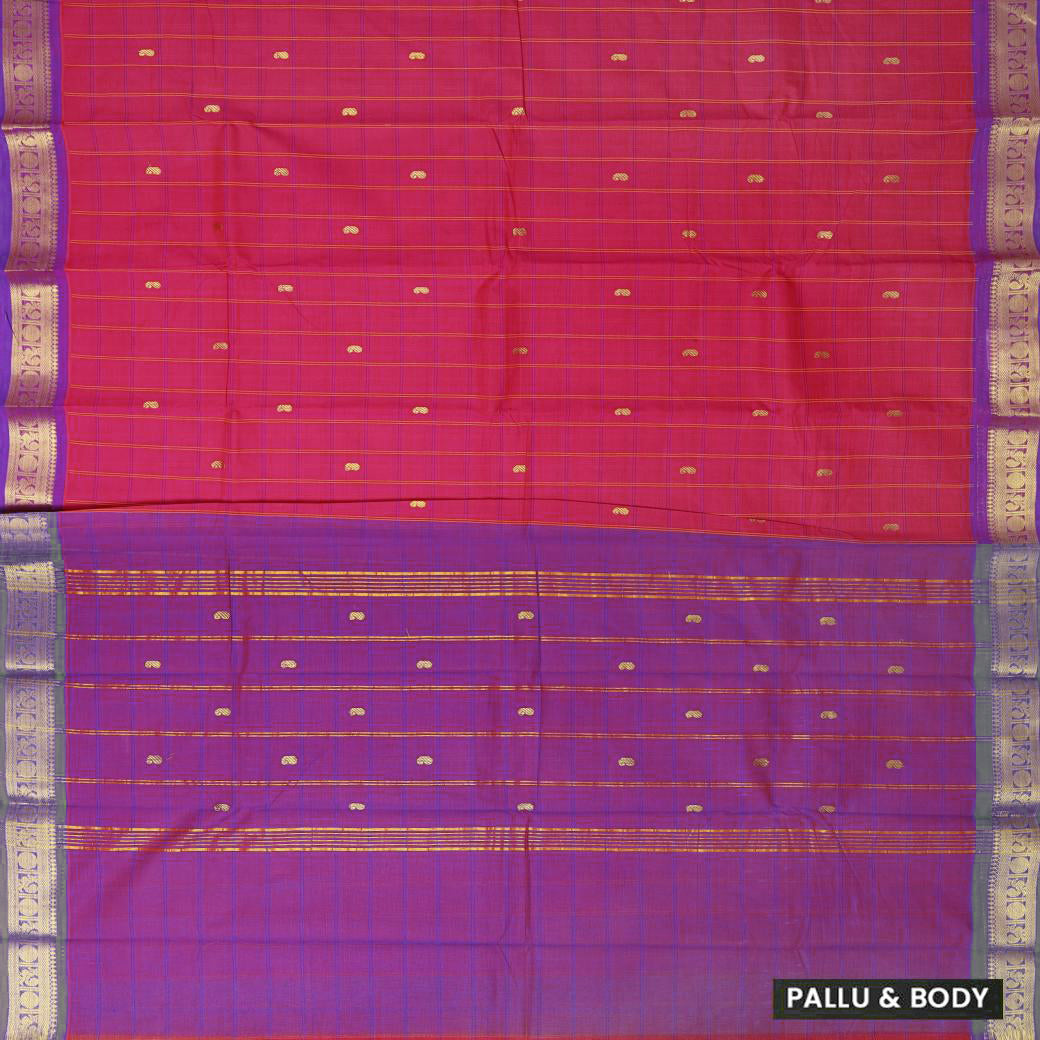 Rani Pink With Purple Contrast Border Checked Pure Cotton Saree