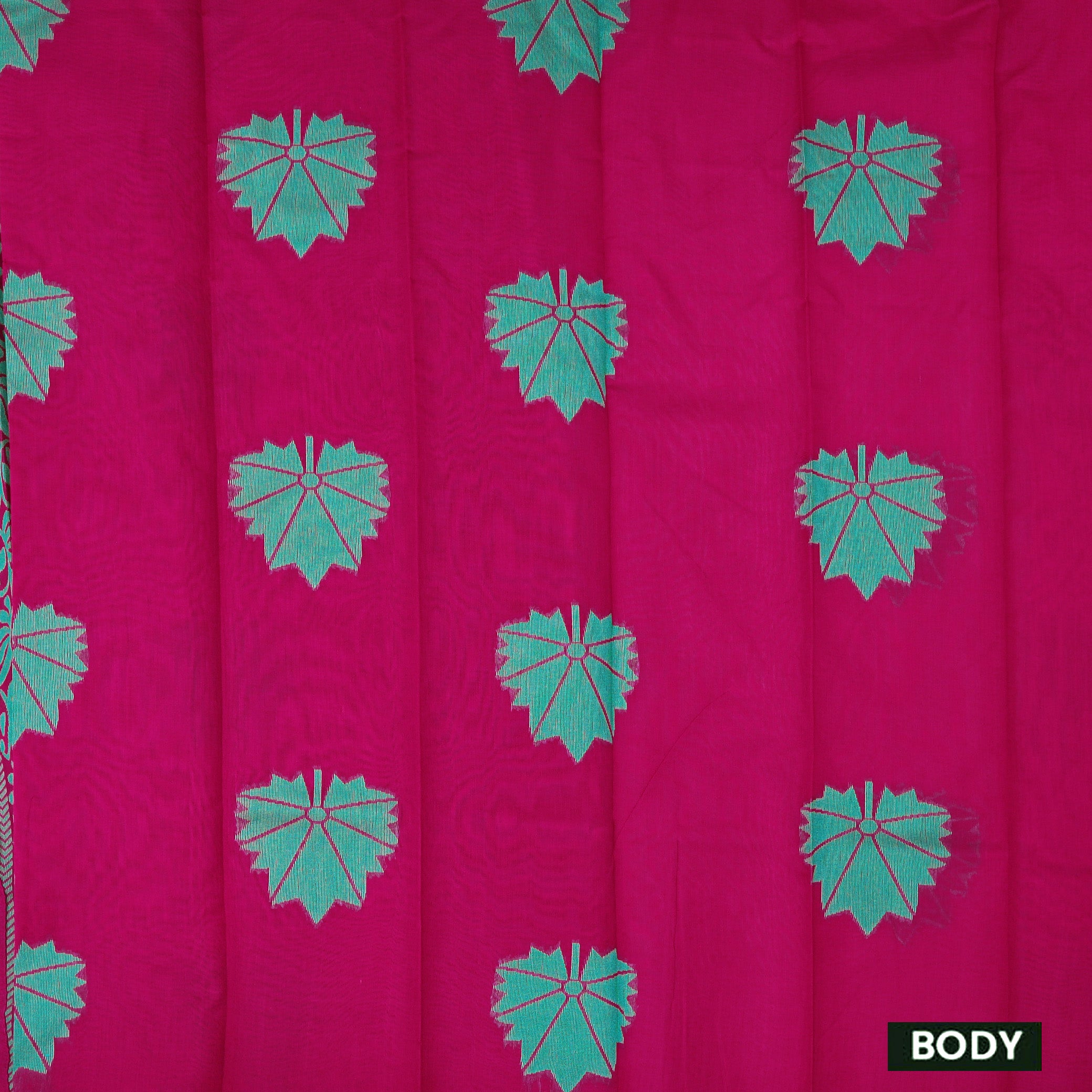 Rani Pink With Green Silk Cotton Saree Without Border