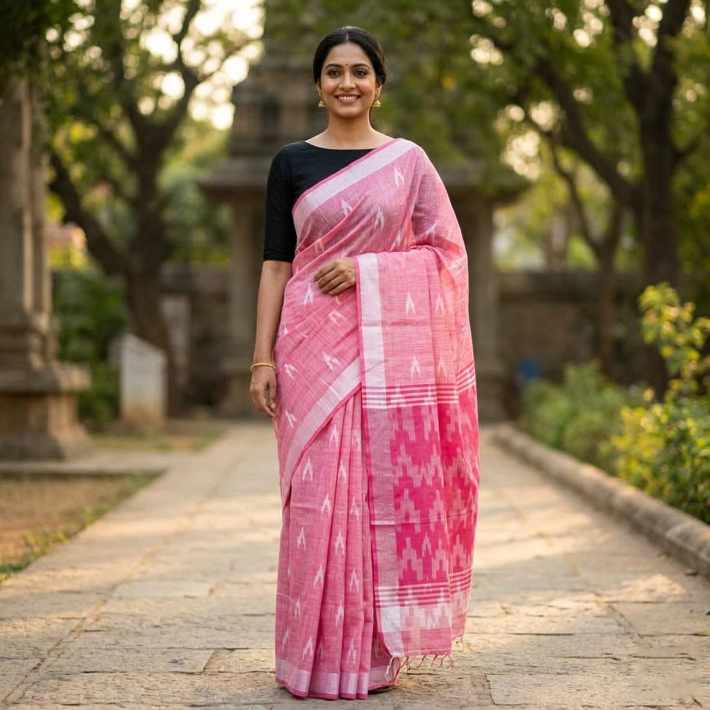 Light Pink With Dark Pink Trendy Linen Saree