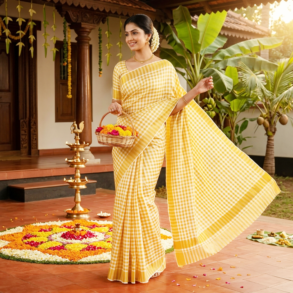 Off White With Golden Checked traditional kerala onam saree