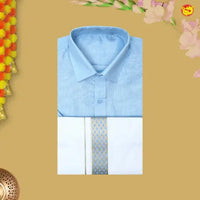 Sky Blue Readymade Shirt And Matching Border Dhoti Set for Men