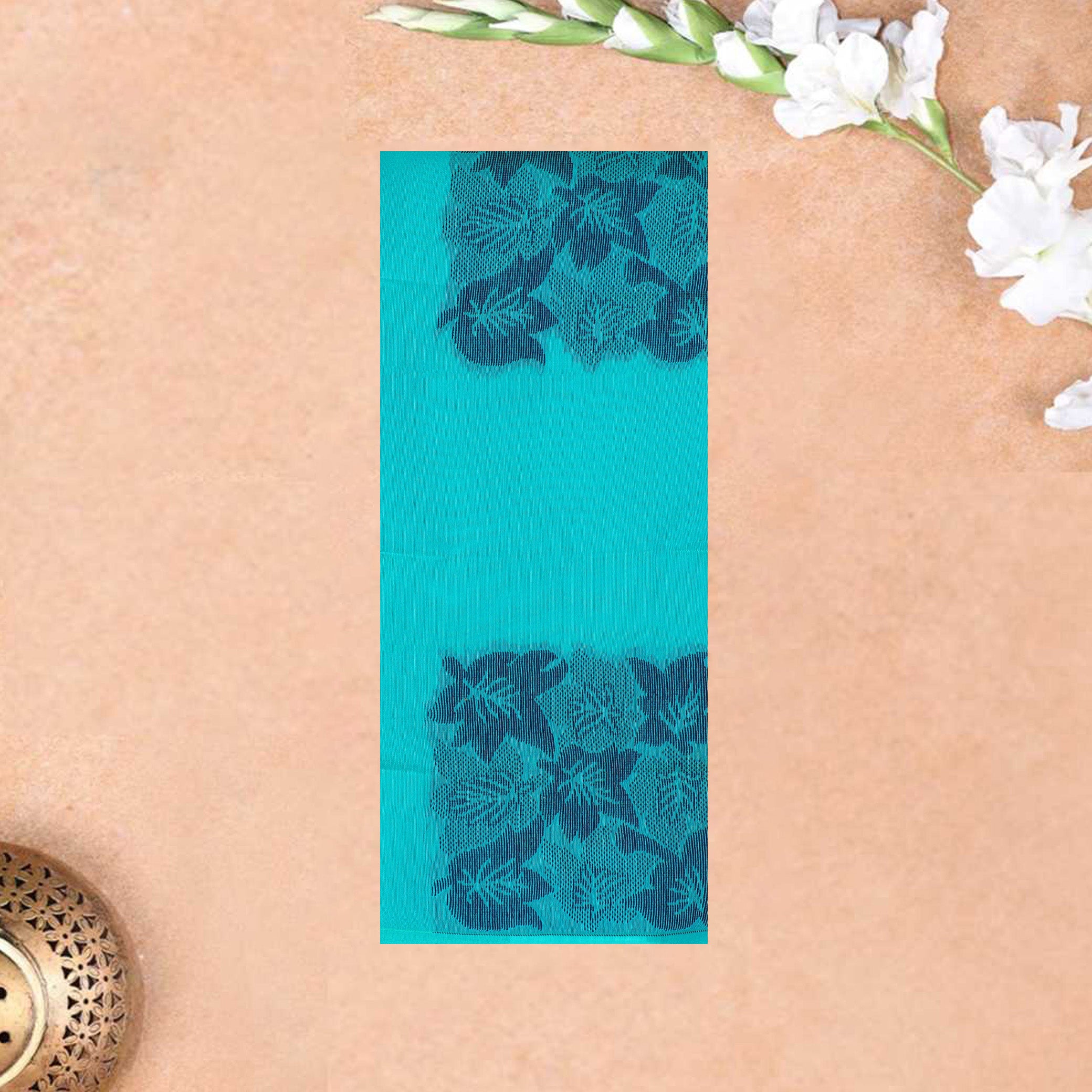 Turquoise Green Silk Cotton Saree Without Border