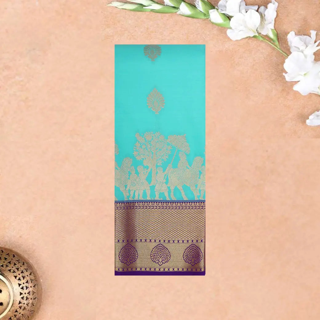 Sky Blue With Purple Copper Zari Border Korvai Silk Saree