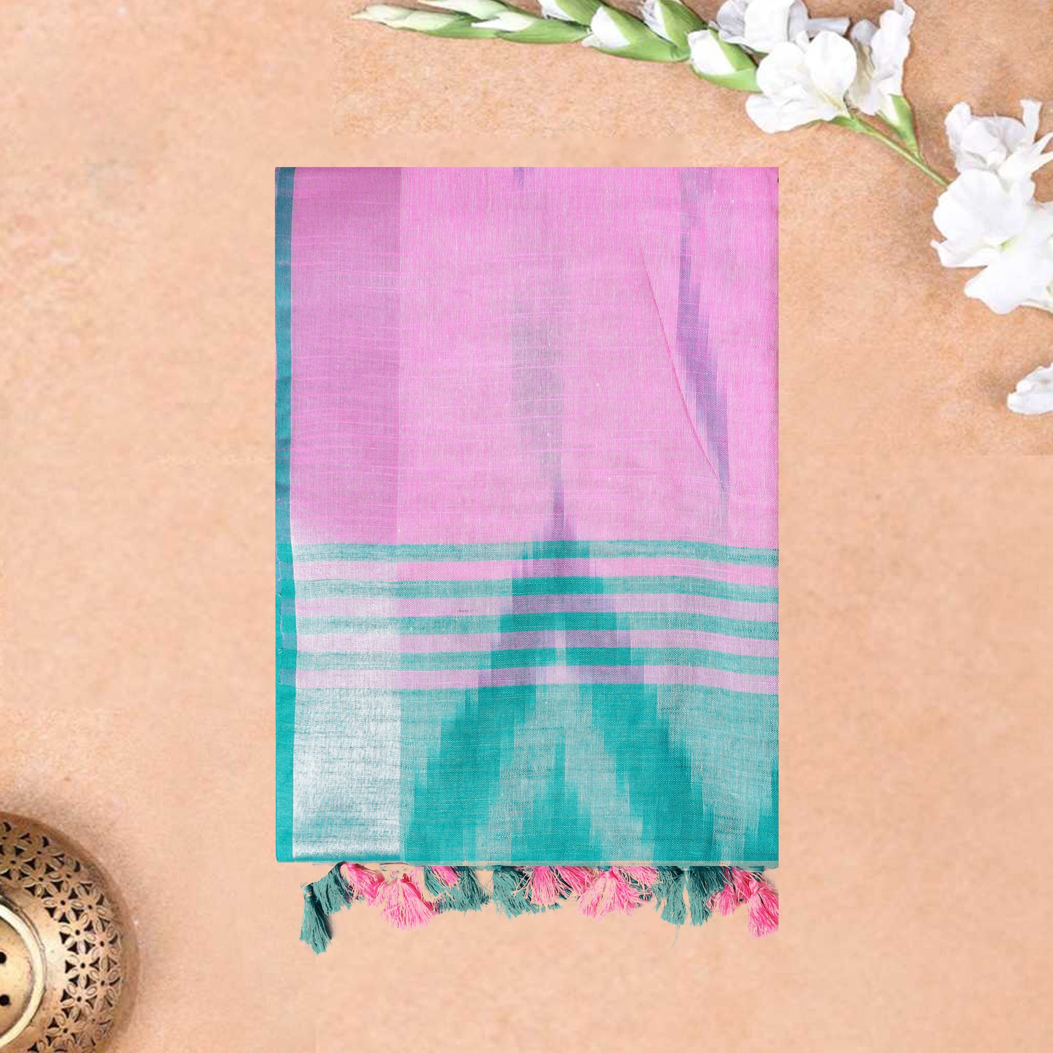 Light Pink With Turquoise Green Trendy Linen Saree