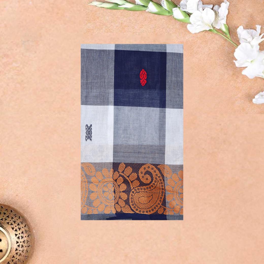 Grey With Navy Blue Checked  Pure Cotton Saree