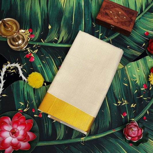 Off White With Golden Small Checked traditional kerala onam saree
