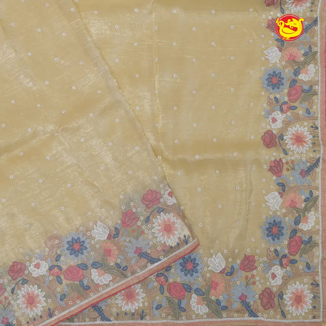Gold-yellow with Embroidery work Buttas and Floral Design Tissue Saree