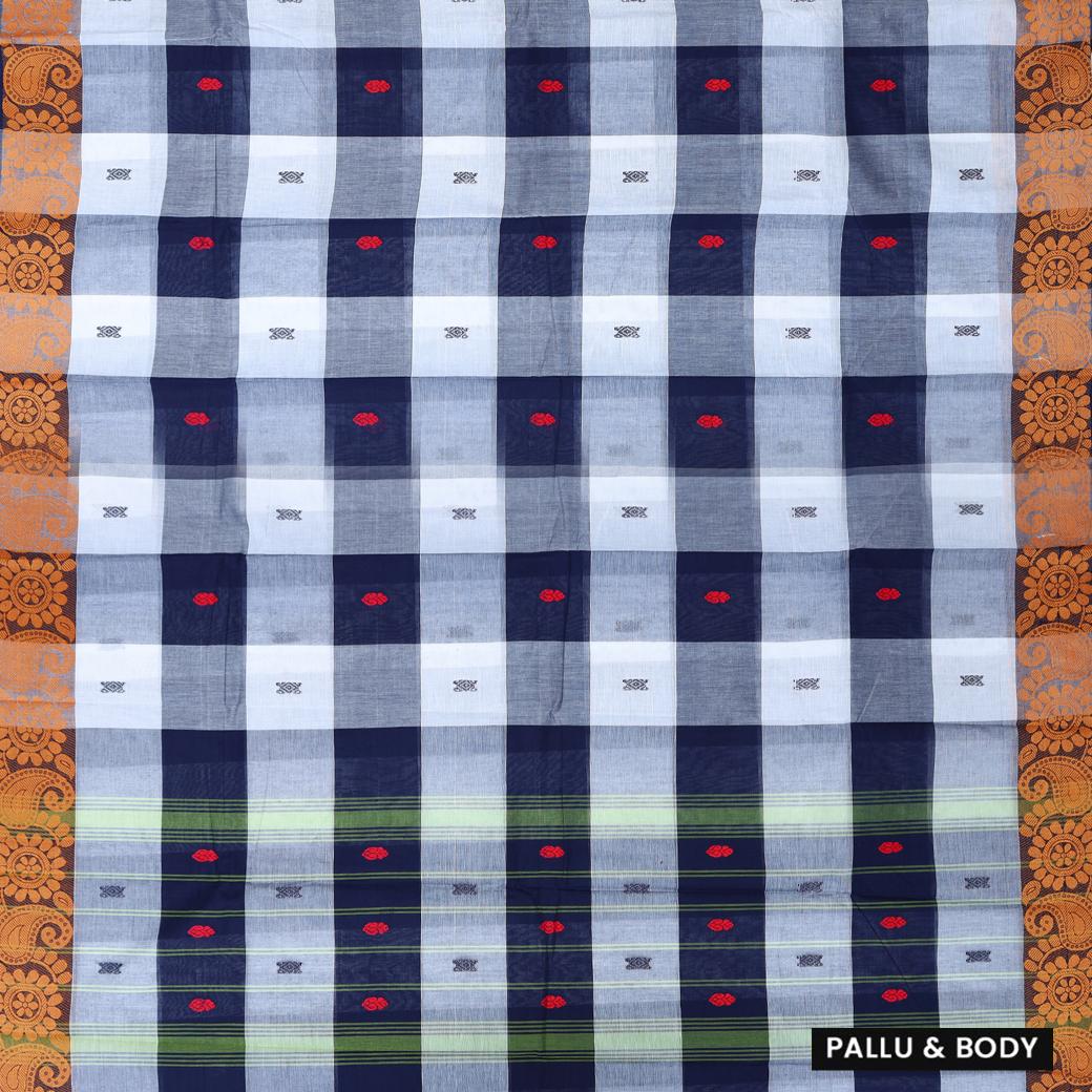 Grey With Navy Blue Checked  Pure Cotton Saree