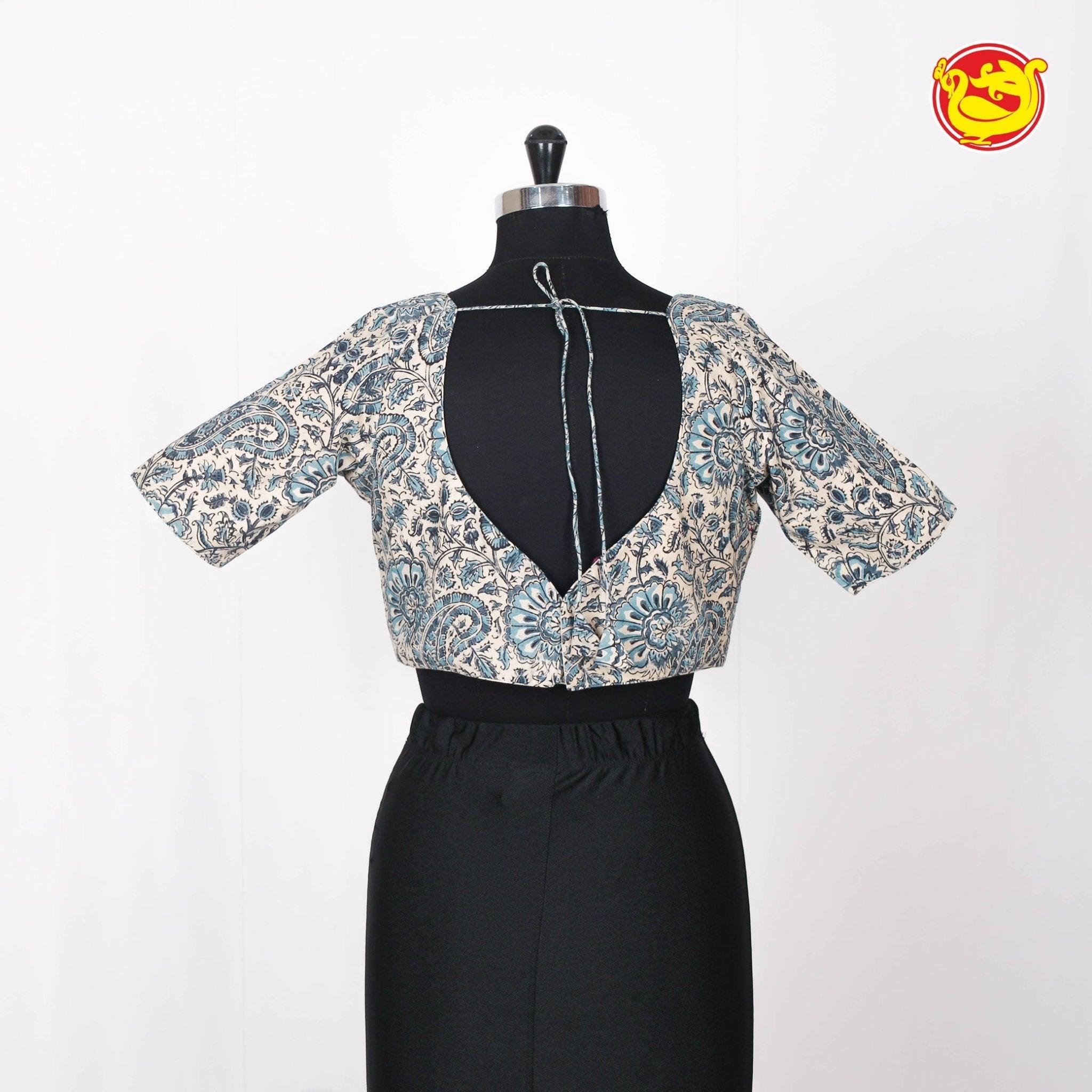 White With Light Blue Printed Cotton Readymade Blouse - Thenianantham