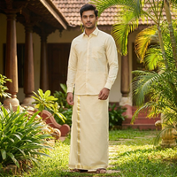 Light Yellow Colour Readymade Shirt And Matching Border Dhoti Set For Men