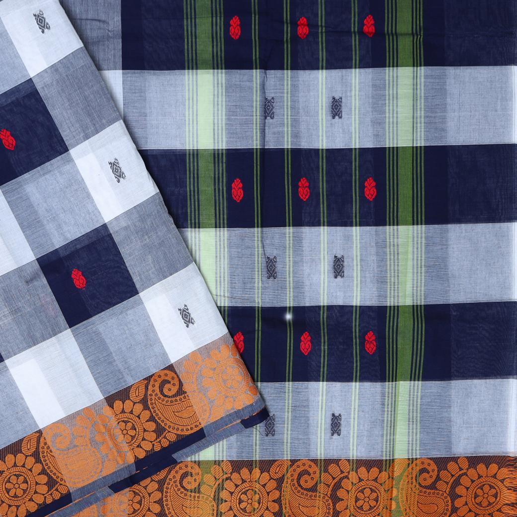 Grey With Navy Blue Checked  Pure Cotton Saree