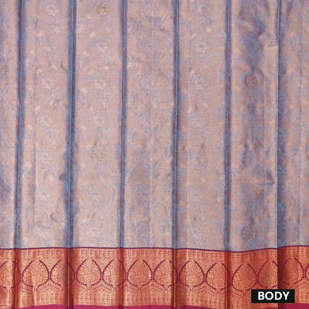 Lavender With Red Floral Design Tissue Silk Saree