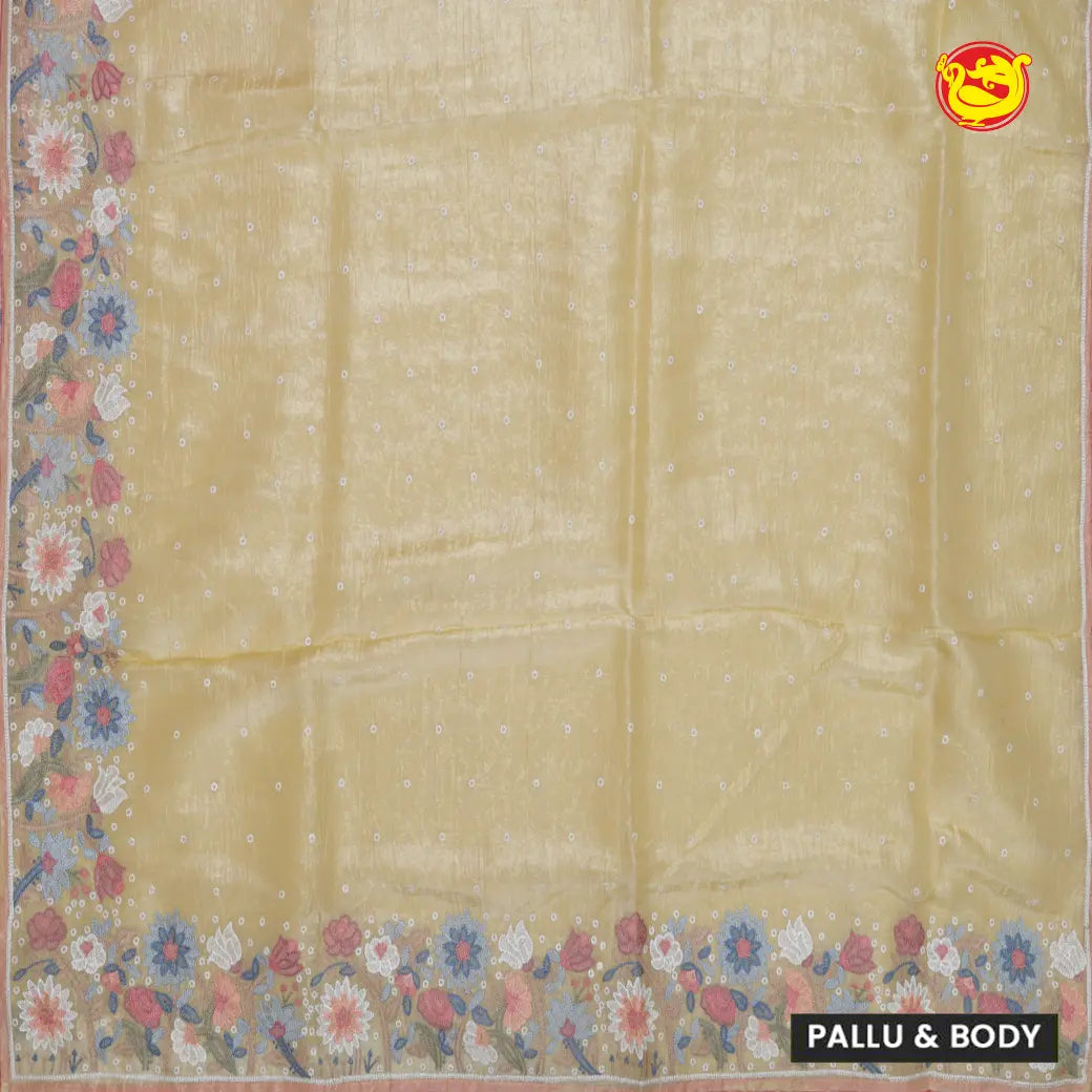 Gold-yellow with Embroidery work Buttas and Floral Design Tissue Saree