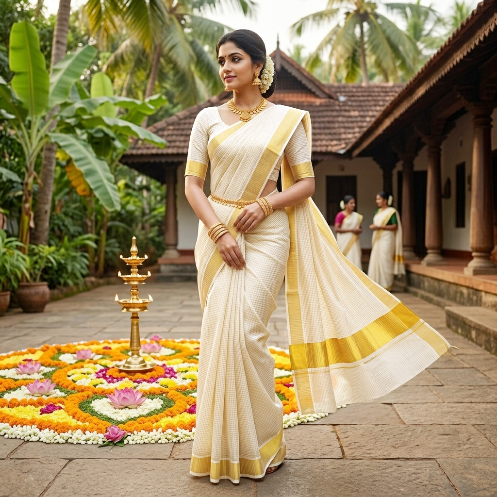 Off White With Golden Small Checked traditional kerala onam saree