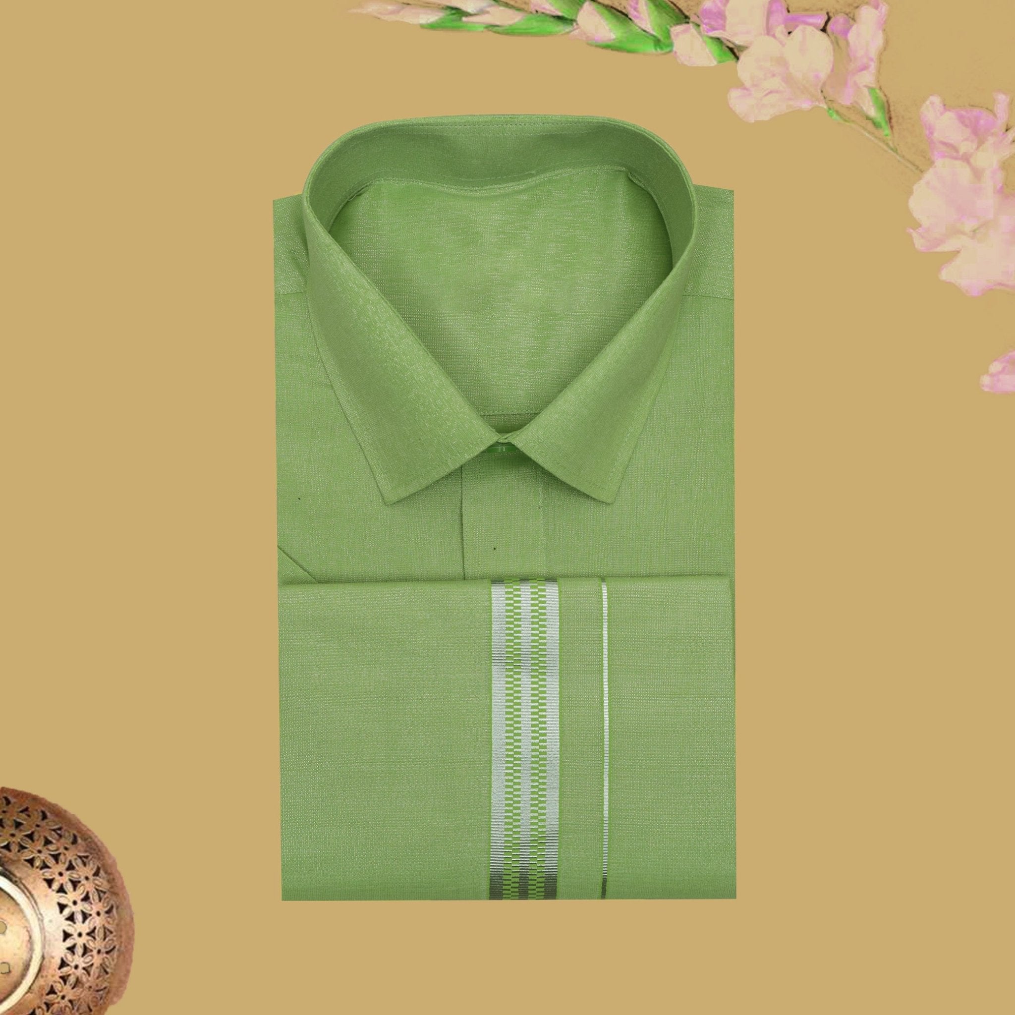 Lime green art silk tissue flexi fit dhoti and readymade shirt set