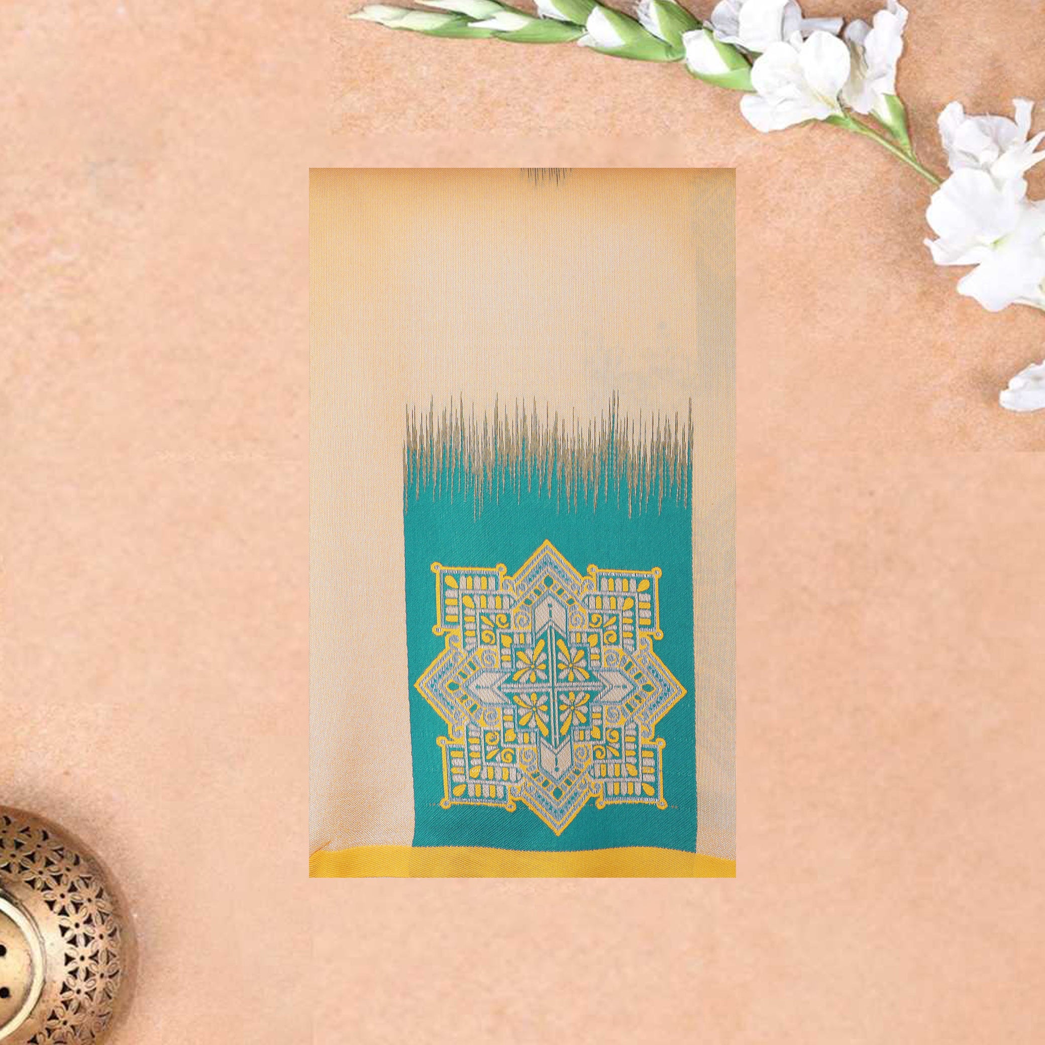 Light Golden Yellow with Green Litchi Silk Saree
