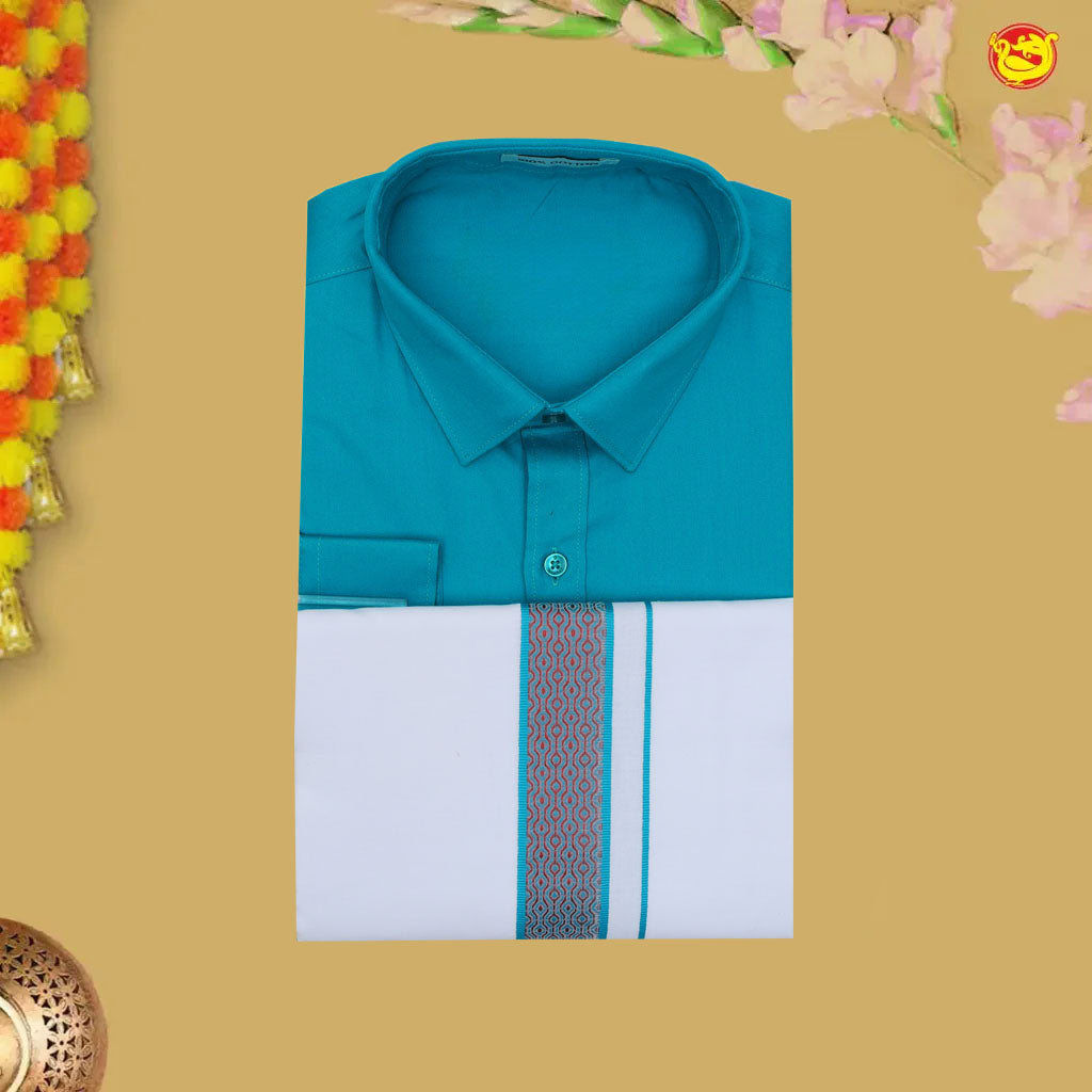 Dark Blue With White Readymade Shirt And Matching Border Dhoti Set for Men