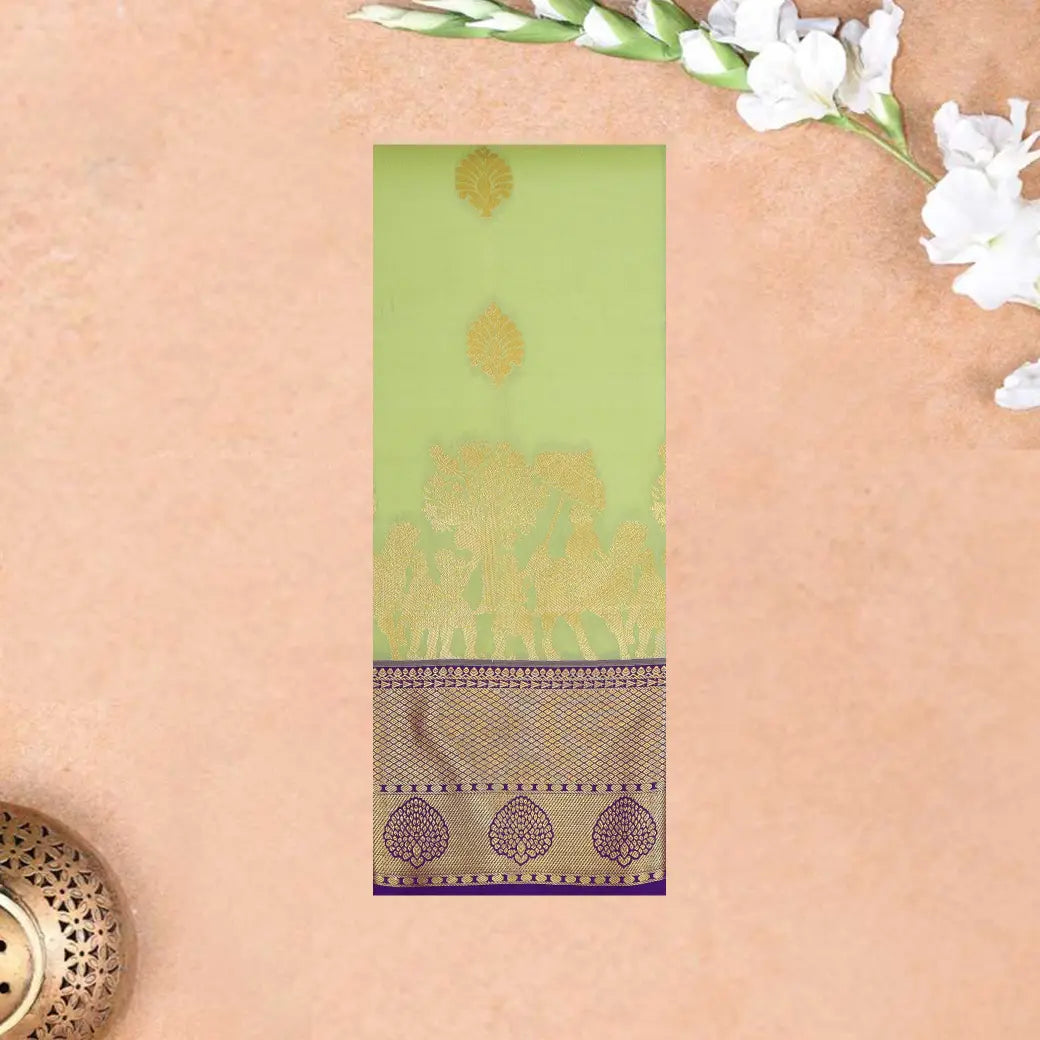 Light Green With Purple Copper Zari Border Korvai Silk Saree