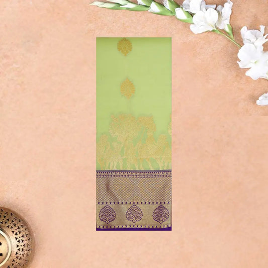 Light Green With Purple Copper Zari Border Korvai Silk Saree