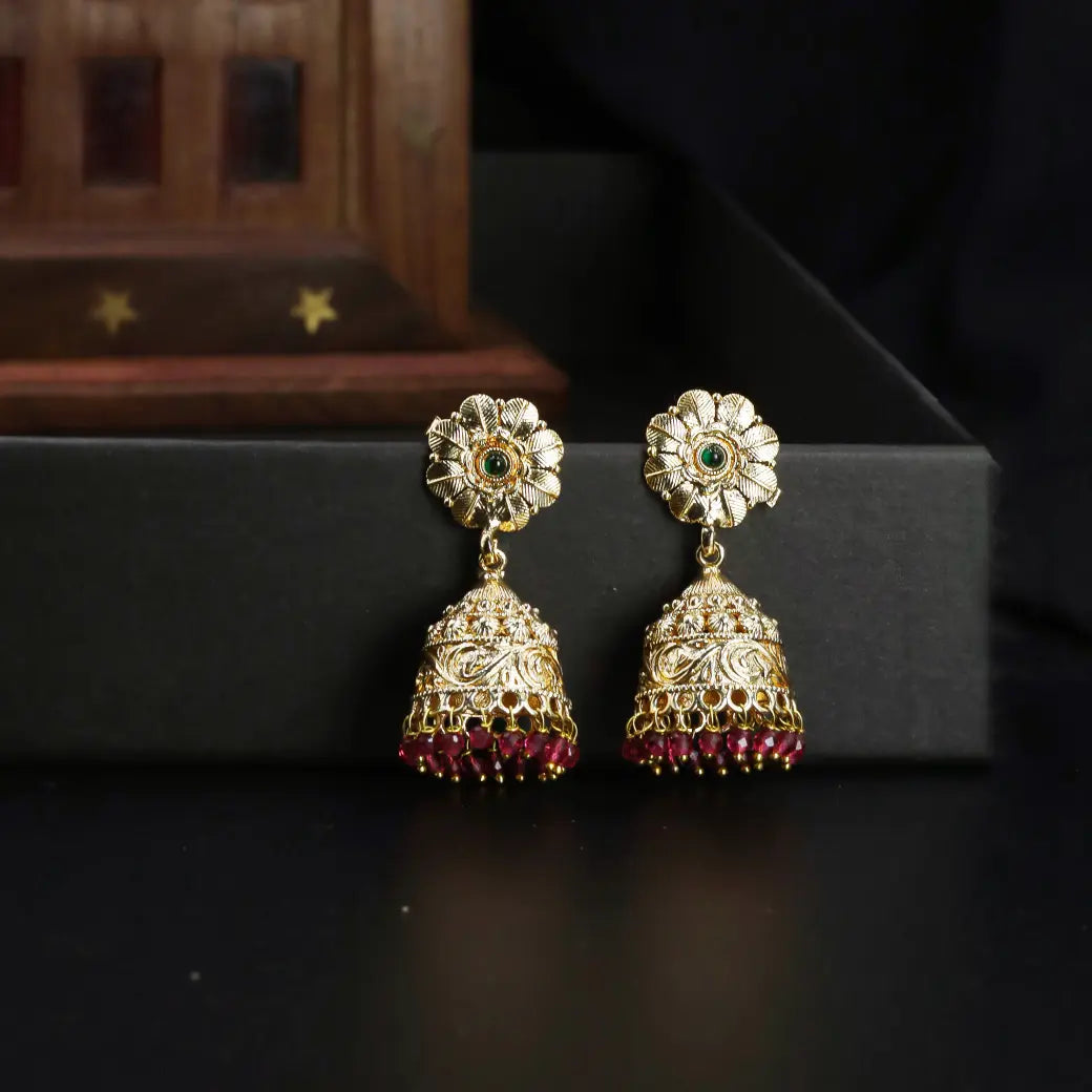 Jhumkas with ruby red hangings