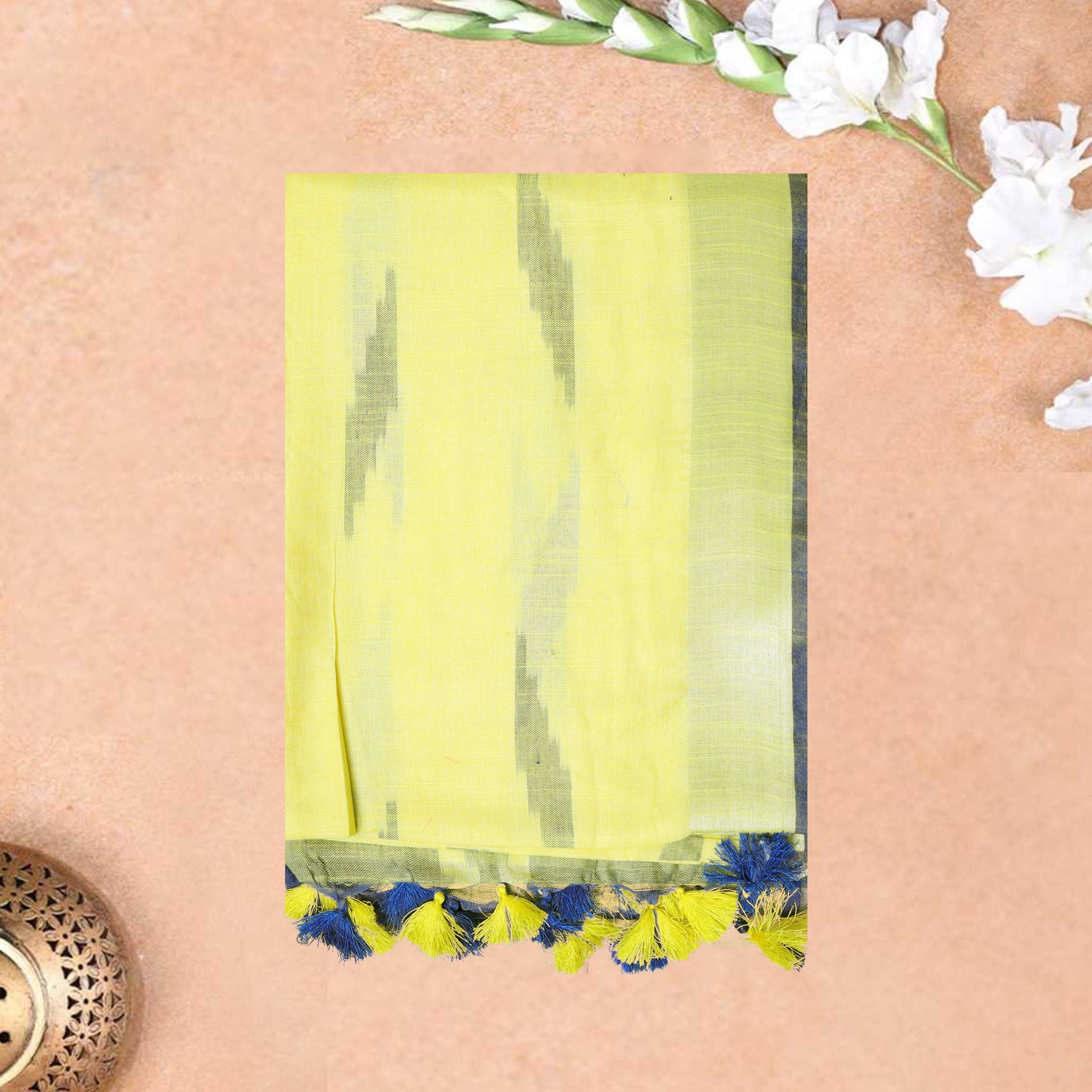 Mustard Yellow With Royal Blue Trendy Linen Saree