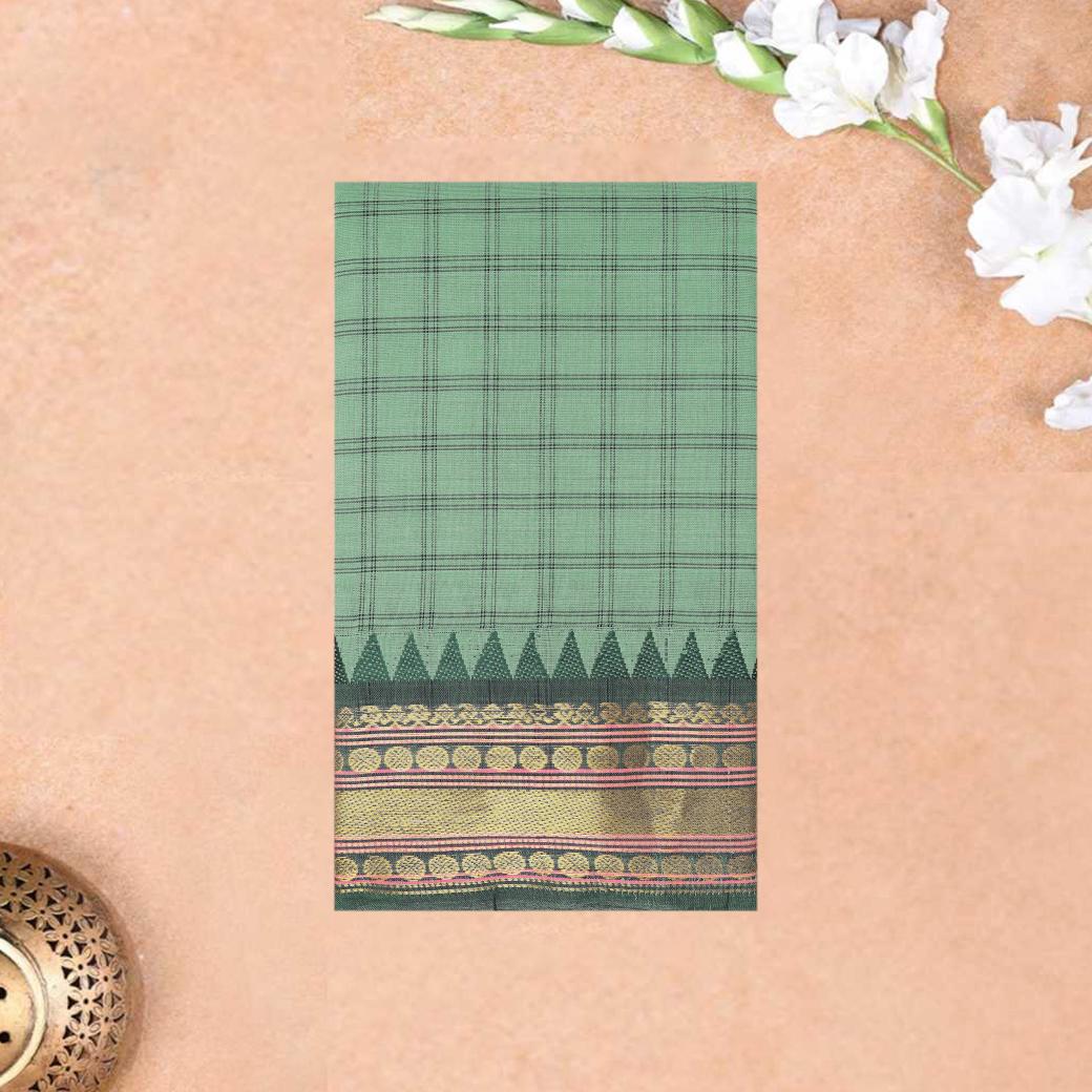 Light Green With Copper Zeri Border Checked Pure Cotton Saree