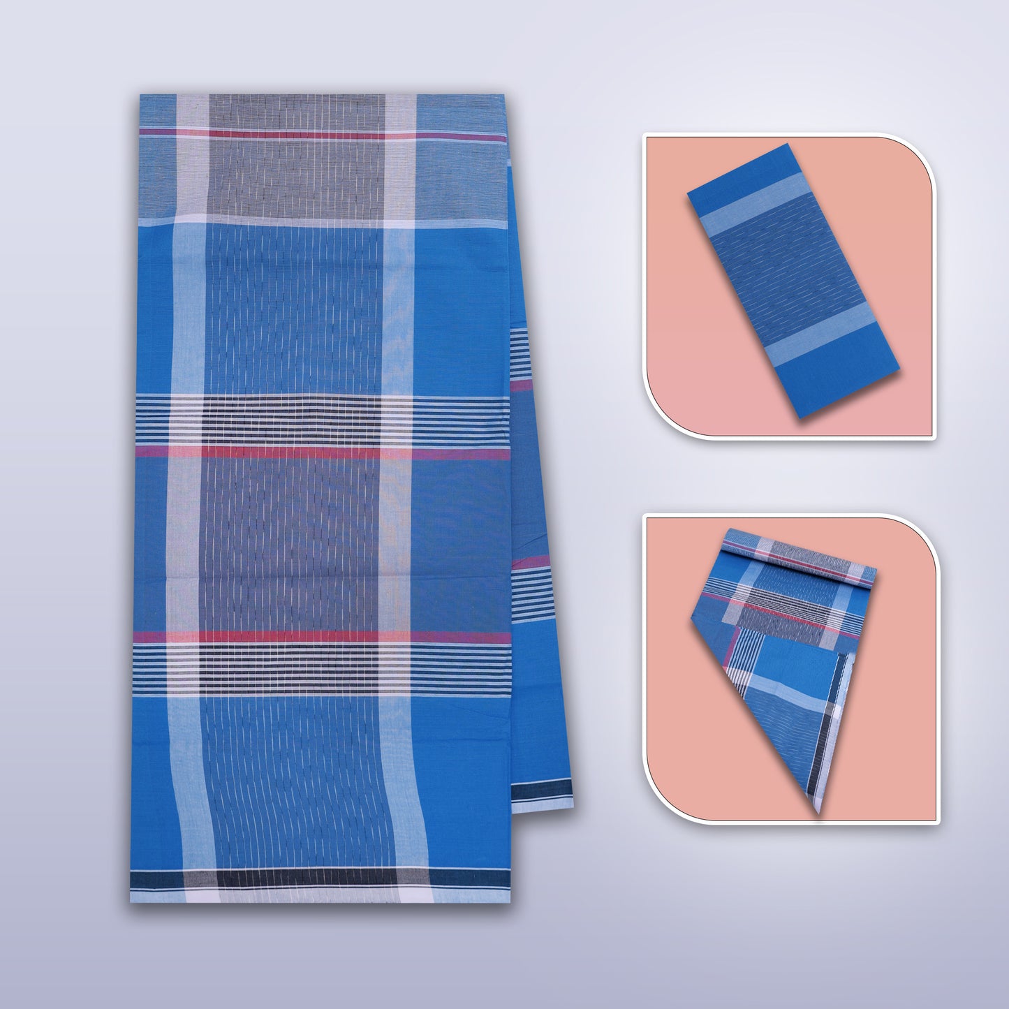 Men’s Sky Blue With Grey Checked Cotton Stitched Lungi