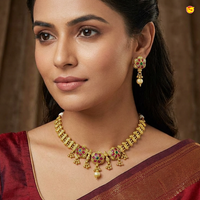 Antique Gold With pink Chocker matching earrings Set