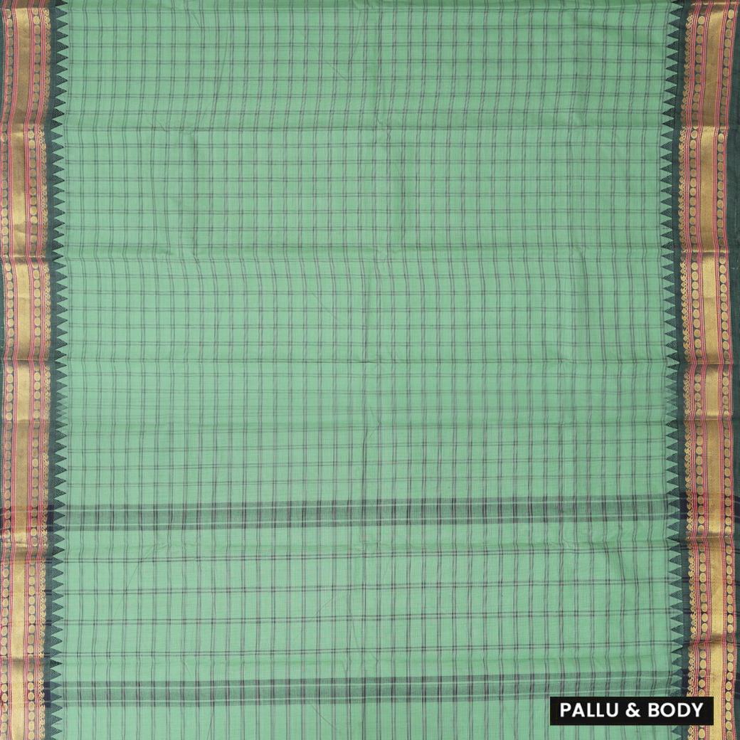 Light Green With Copper Zeri Border Checked Pure Cotton Saree