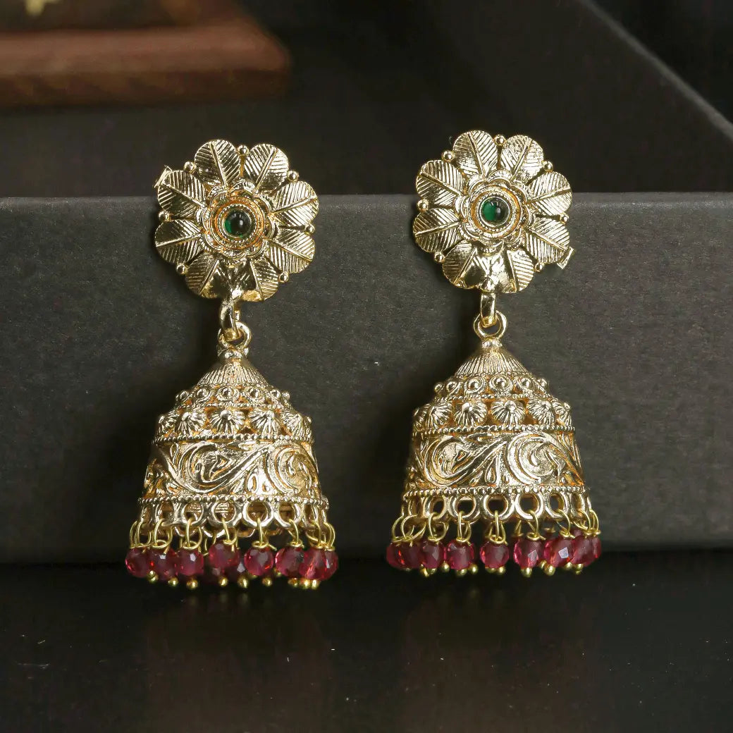 Jhumkas with ruby red hangings