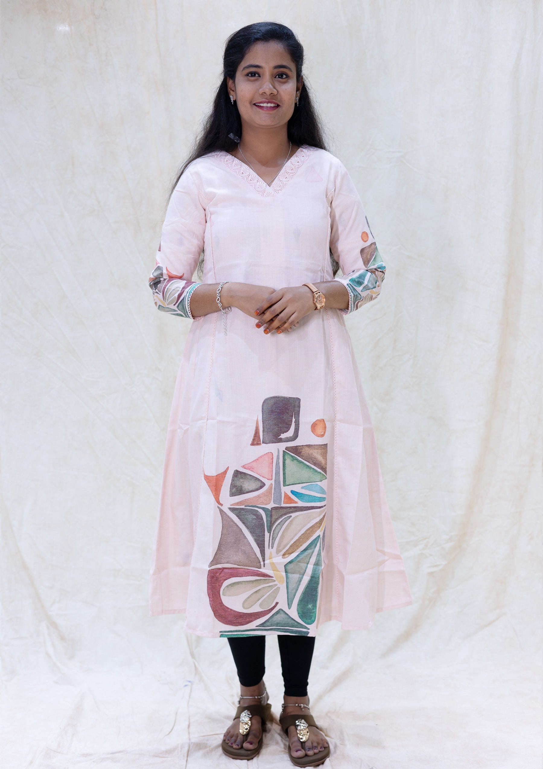 Minnal- Light Peach Color with a multicolored print Ladies Branded Umbrella Top Readymade