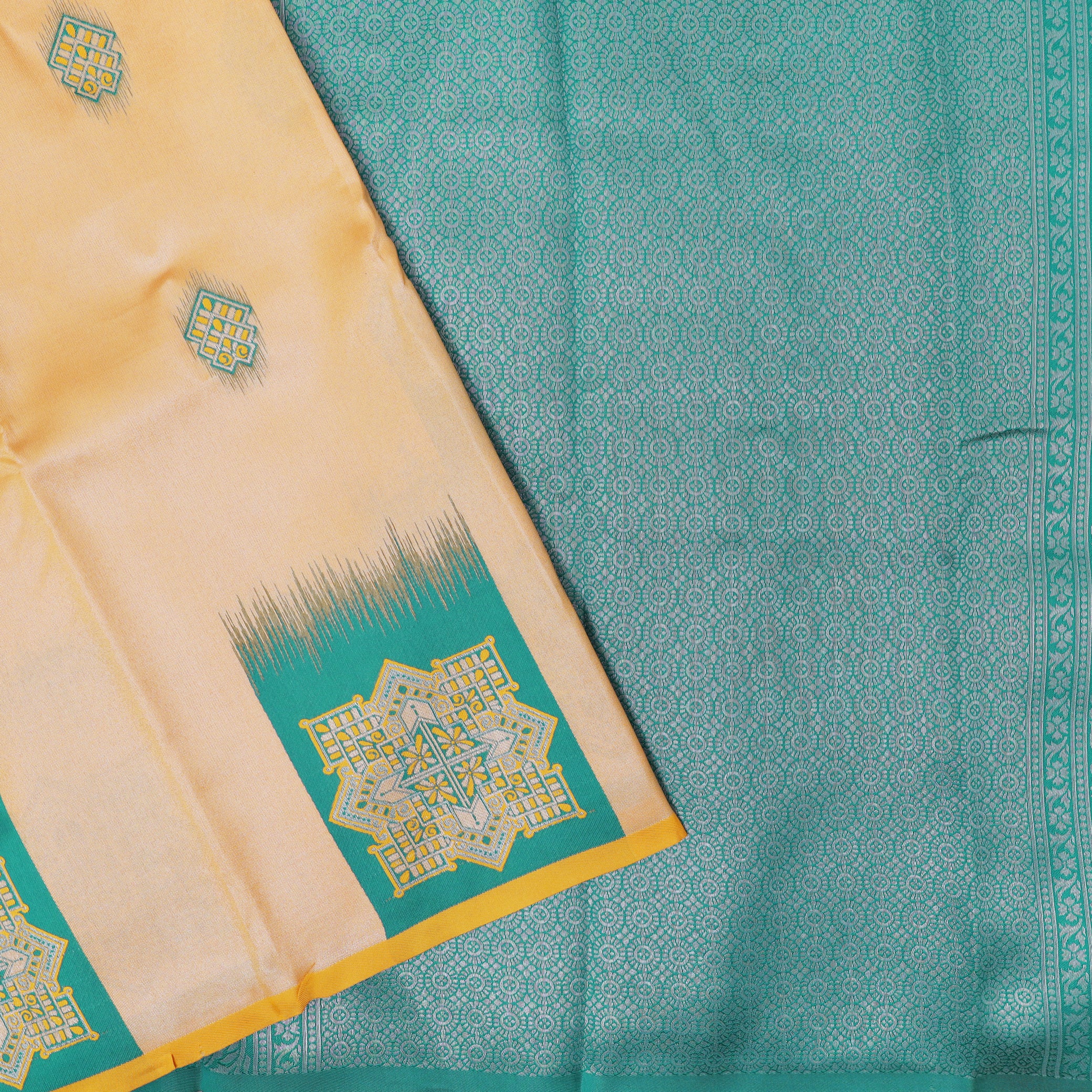 Light Golden Yellow with Green Litchi Silk Saree