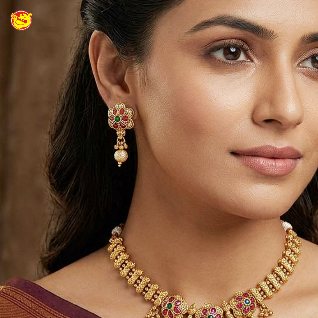 Antique Gold With pink Chocker matching earrings Set