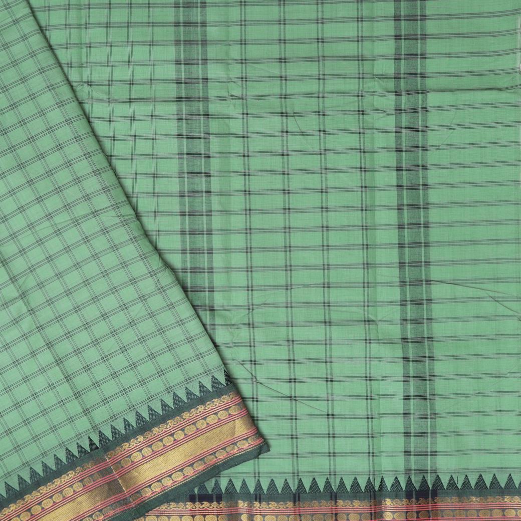 Light Green With Copper Zeri Border Checked Pure Cotton Saree
