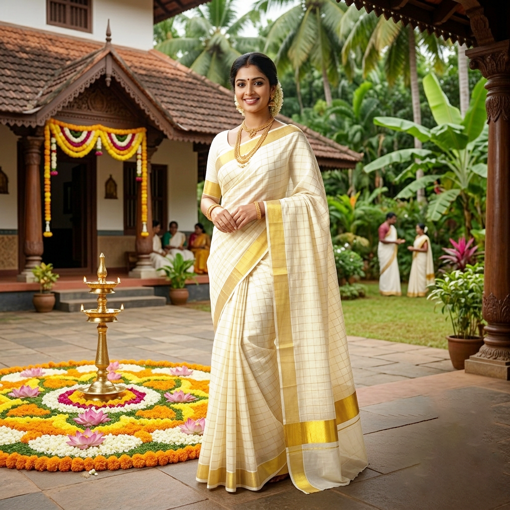 Off White With Golden  Checked traditional kerala onam saree