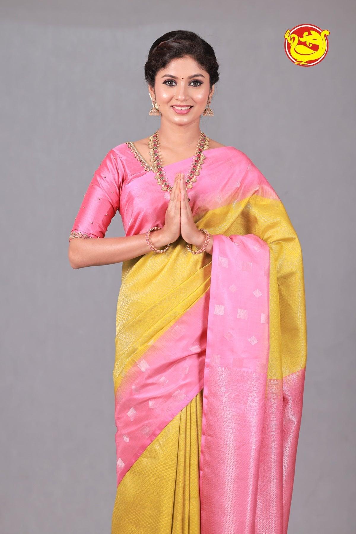 Yellow With Dark Rose Soft Silks Sarees