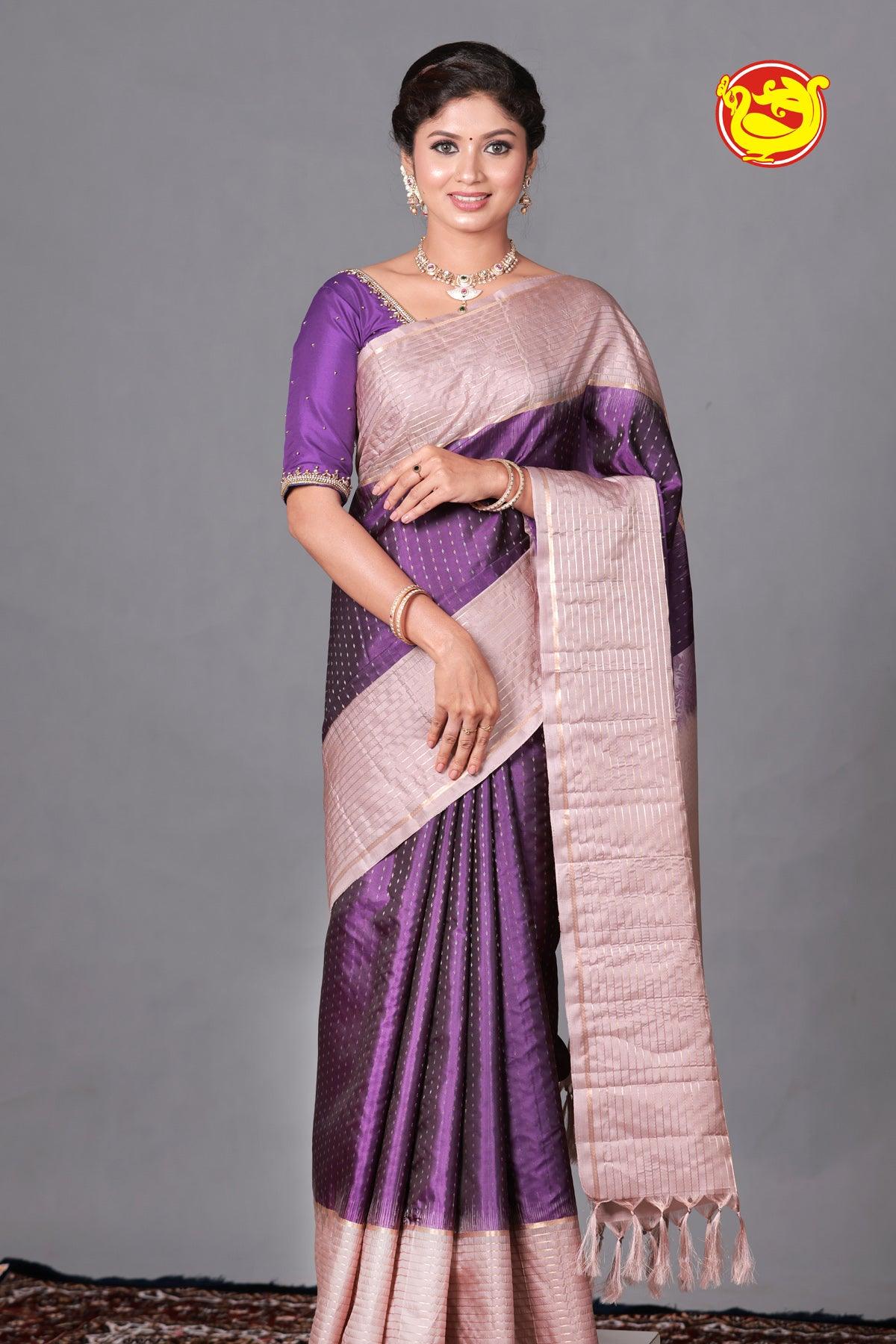 Violet With Sliver Grey Soft Silk Saree - Thenianantham