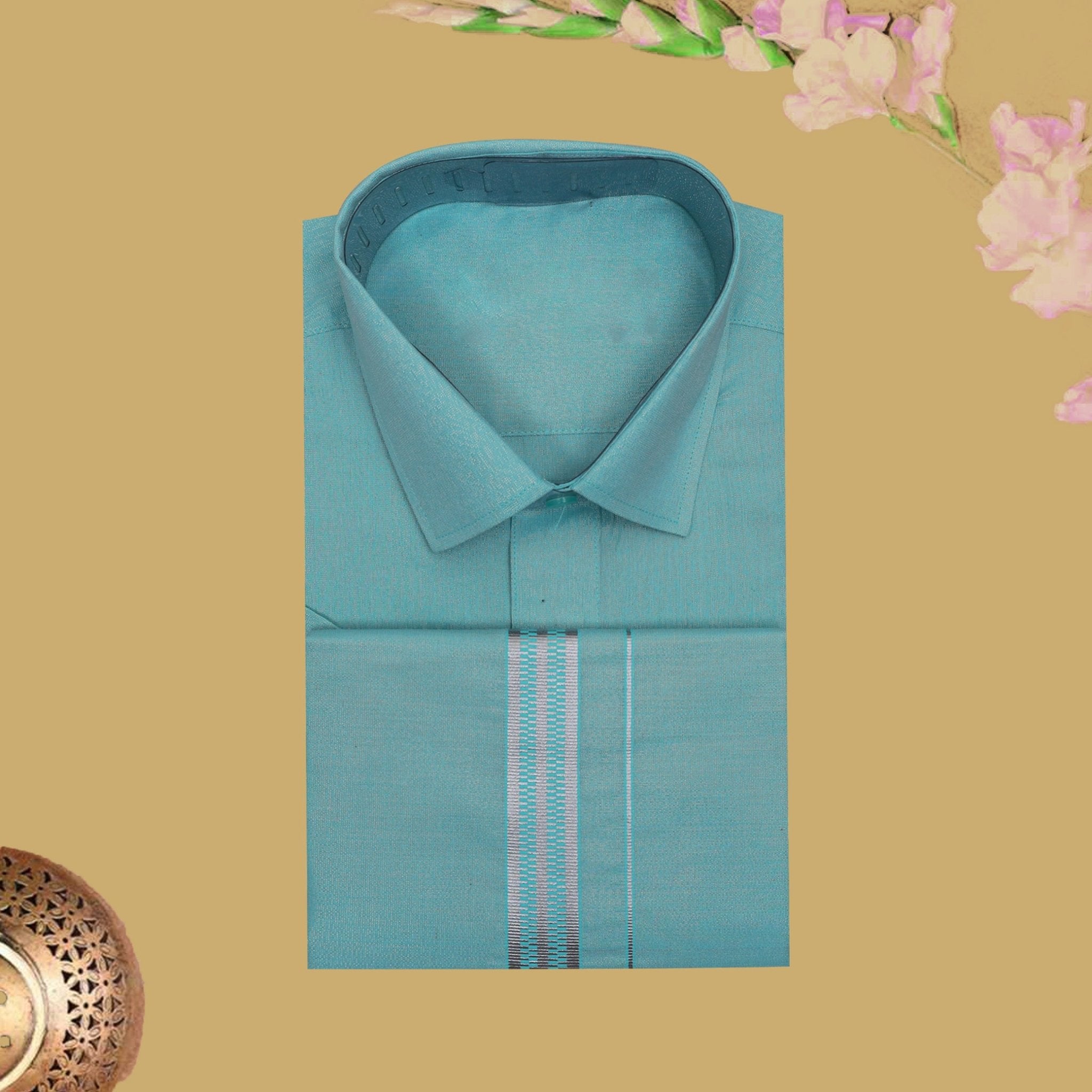 Sea blue art silk tissue flexi fit dhoti and readymade shirt set