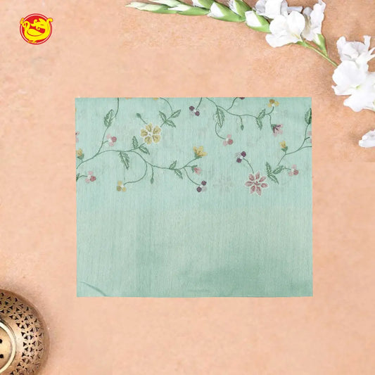 Pastel Green Embroidery Semi Raw Silk Saree