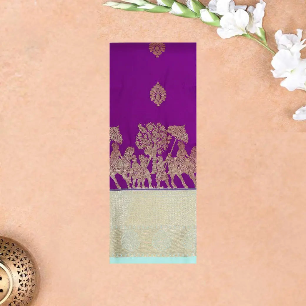 Purple With Pastel Green Copper Zari Border Korvai Silk Saree