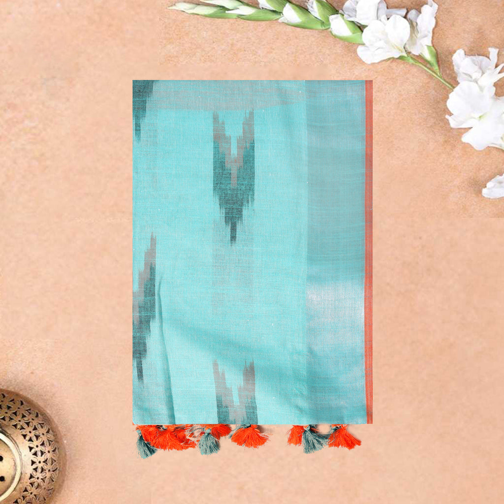 Sky Blue With Orange Trendy Linen Saree