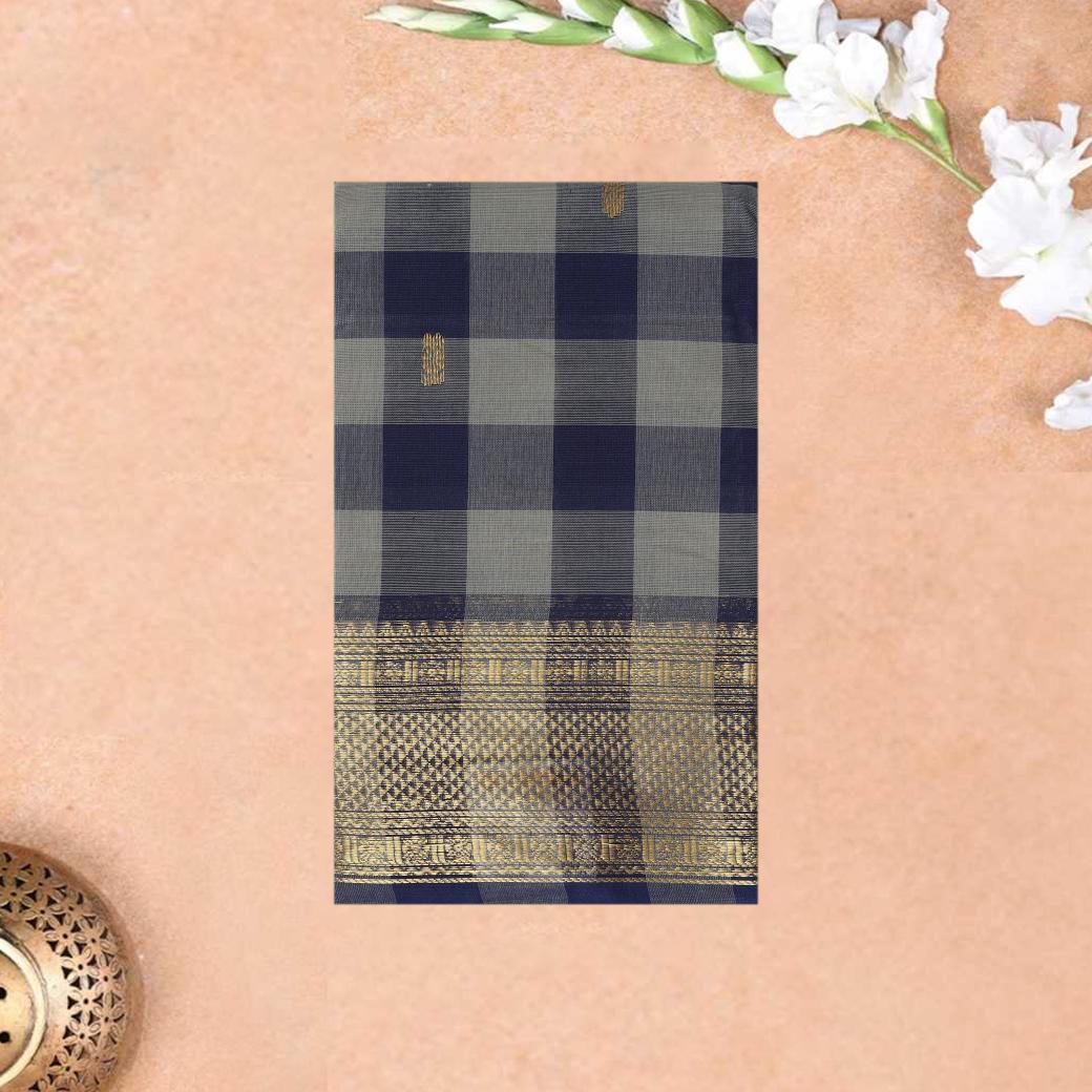Navy Blue with Grey Checked Pure Cotton Saree