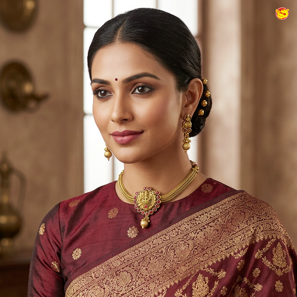 Antique Necklace  Saraswathi With Pink Stone earrings Set