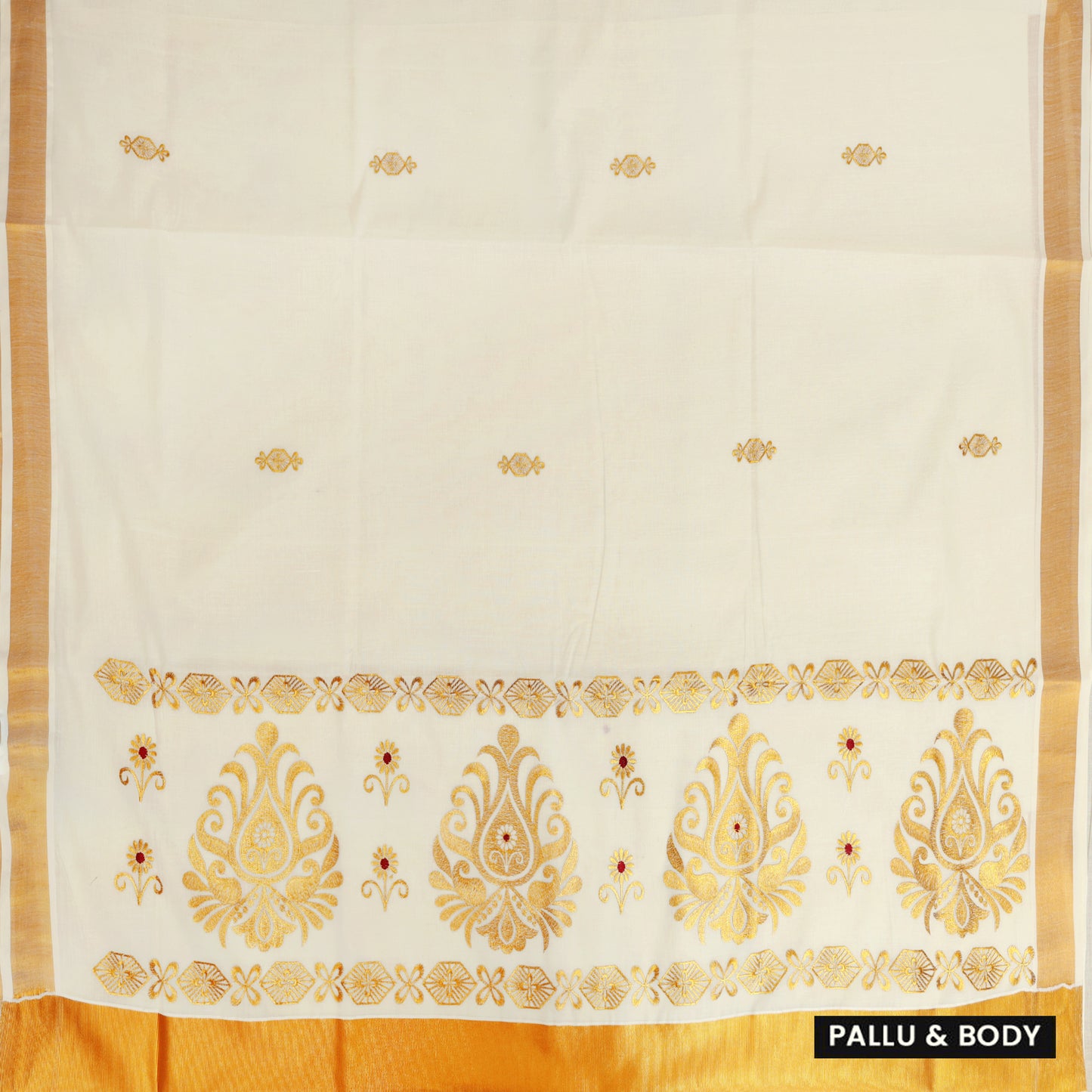 Off White With Golden Floral Cross Buttas Embroidery  traditional kerala onam saree