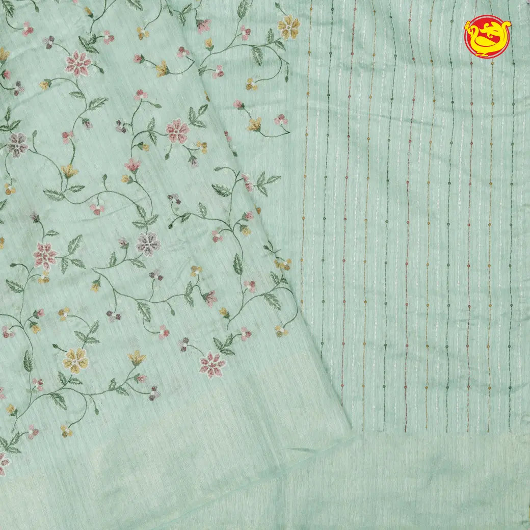 Pastel Green Embroidery Semi Raw Silk Saree