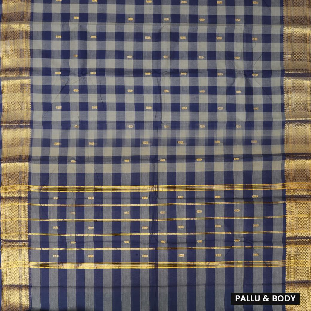 Navy Blue with Grey Checked Pure Cotton Saree