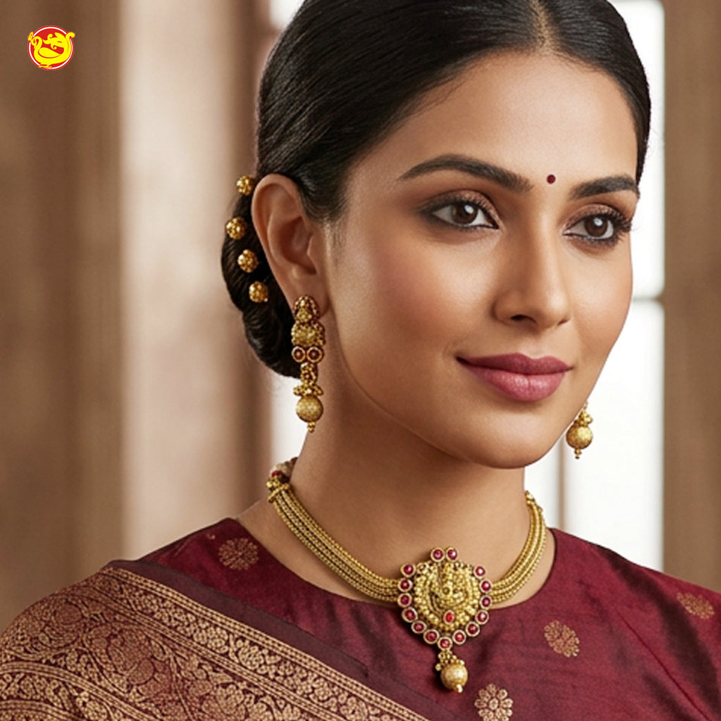 Antique Necklace  Saraswathi With Pink Stone earrings Set